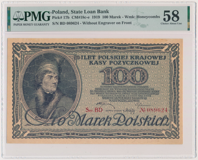 100 marek 1919 - Ser.BD - PMG 58 - PIĘKNY I RZADKI &nbsp; Typologicznie jeden z ...