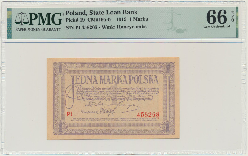 1 marka 1919 - PI - PMG 66 EPQ &nbsp; Rzadsza odmiana dwuliterowa.&nbsp; Pięknie...