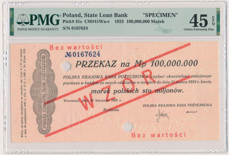 Przekaz, 100 milionów marek 1923 - WZÓR - No 0167624 - PMG 45 - DUŻA PERFORACJA ...