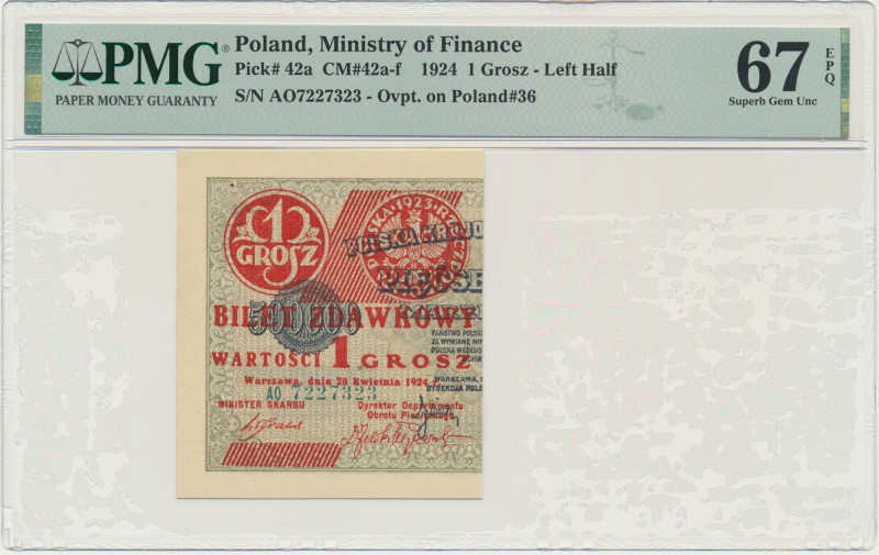 1 grosz 1924 - AO - prawa połowa - PMG 67 EPQ &nbsp; Banknot w slabie PMG z ocen...