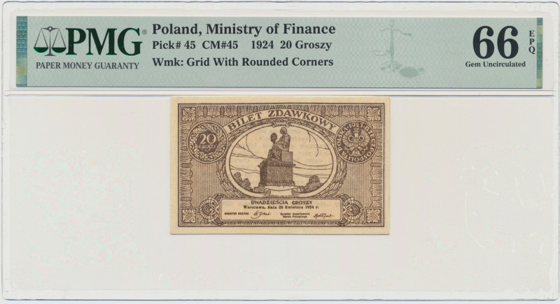 20 groszy 1924 - PMG 66 EPQ &nbsp; Banknot w slabie PMG z oceną PMG 66 EPQ. Pięk...