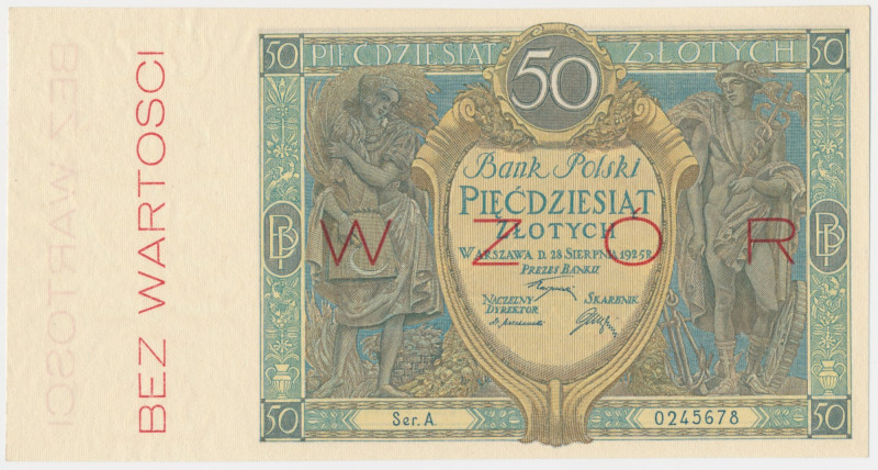 50 złotych 1925 - WZÓR - Ser.A - &nbsp; Odmiana z nadrukiem Wzór i numeracją kol...