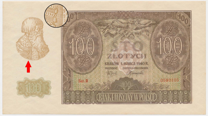 100 złotych 1940 - B - ORYGINALNA SERIA - RZADKIE &nbsp; Najrzadsza odmiana. Ory...