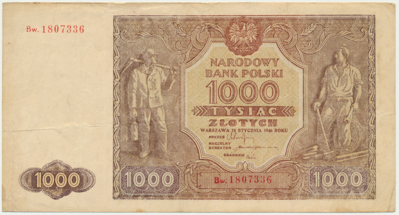 1.000 złotych 1946 - Bw. - RZADKIE &nbsp; Bezapelacyjnie najrzadsza odmiana 1000...