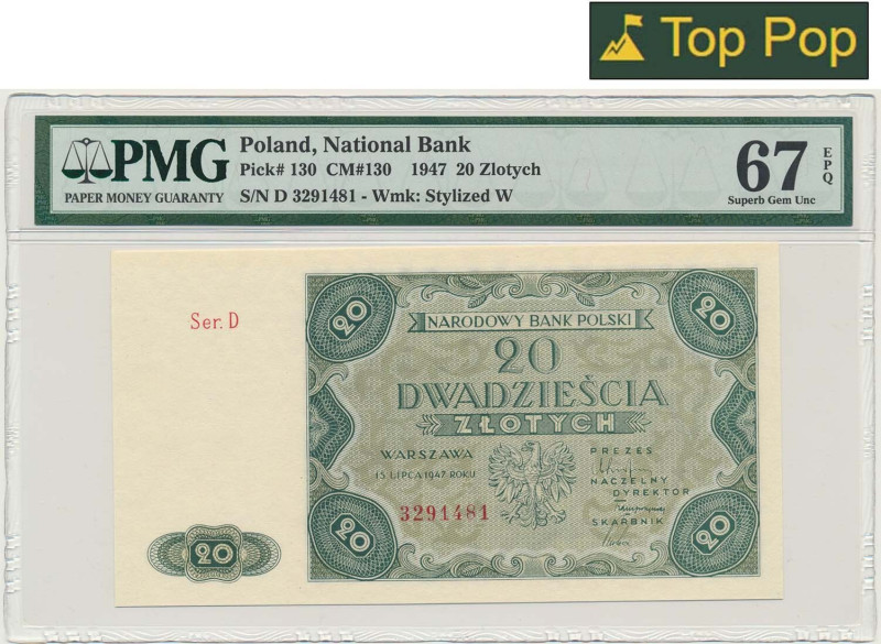 20 złotych 1947 - D - PMG 67 EPQ &nbsp; Wyselekcjonowany, naturalny egzemplarz d...