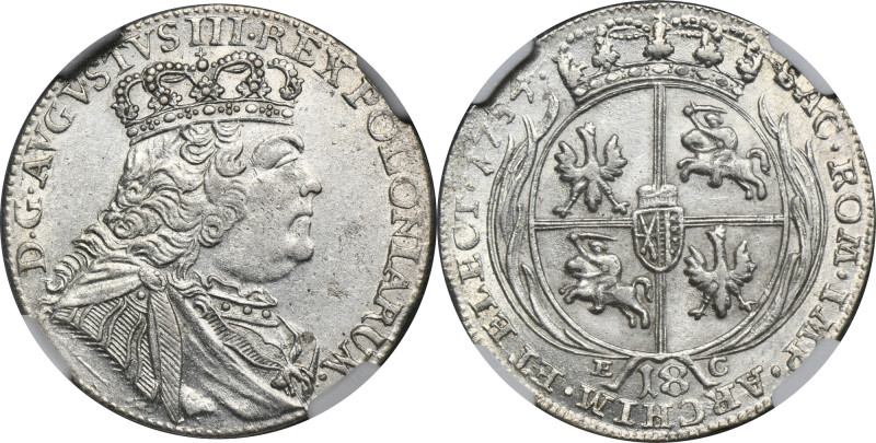 Augustus III of Poland, 1/4 Thaler Leipzig 1754 EC - NGC AU58 Odmiana z popiersi...