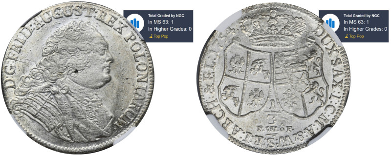 Augustus III of Poland, 1/3 Thaler Dresden 1754 FWôF - NGC MS63 Rzadszy nominał....