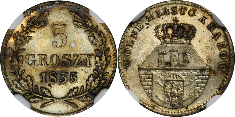 Free City of Krakau, 5 groschen 1835 - NGC MS62 Menniczy egzemplarz krakowskiej ...