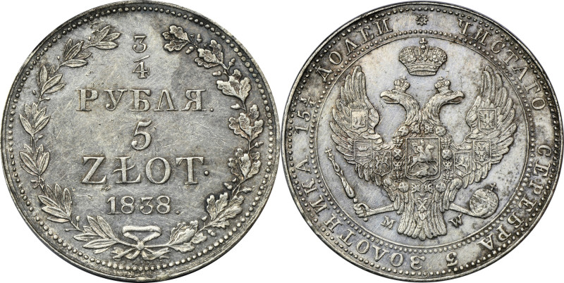 3/4 rouble = 5 zloty Warsaw 1838 MW Variety with two berries after the fifth clu...