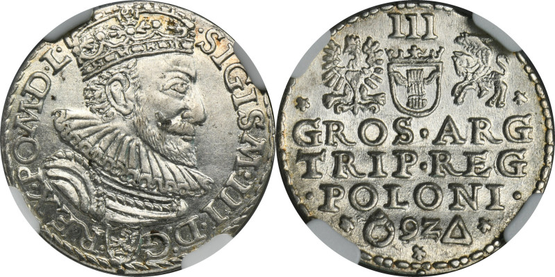 Sigismund III Vasa, 3 Groschen Marienburg 1592 - NGC UNC DETAILS Odmiana z inter...