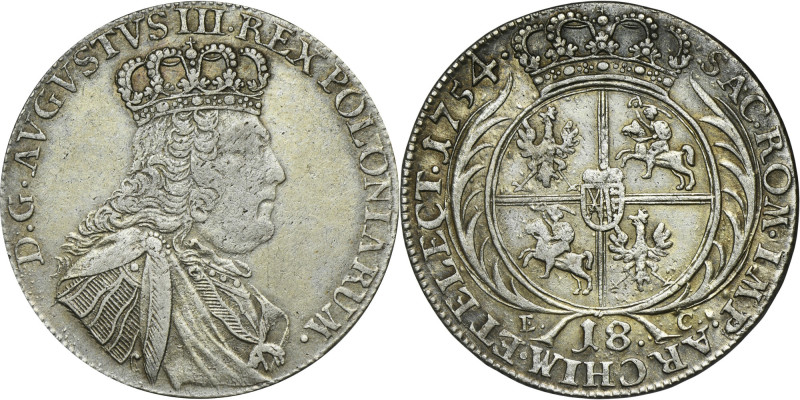 Augustus III of Poland, 18 Groschen Leipzig 1754 EC Odmiana z wydłużoną głową kr...