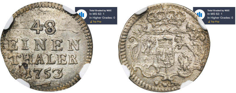 Augustus III of Poland, 1/48 Thaler Dresden 1753 FWôF - NGC MS62 The only, selec...