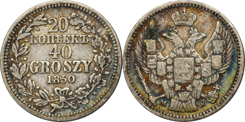 20 kopeck = 40 groszy Warsaw 1850 MW - RARE Rare date. Variety&nbsp;with a doubl...