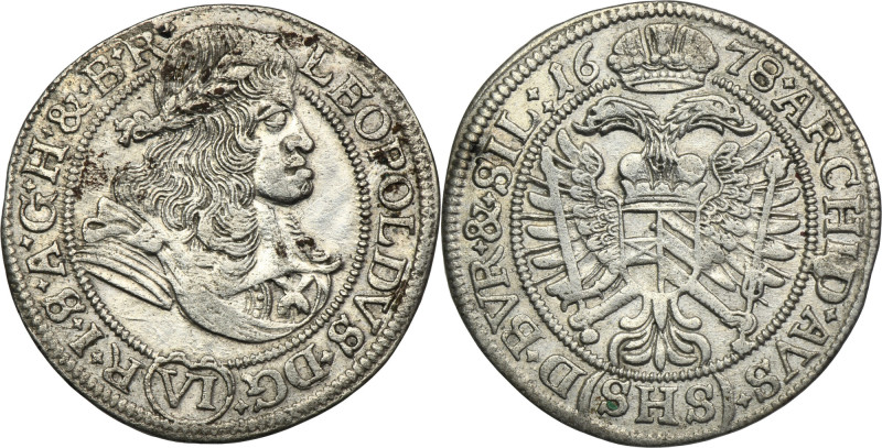 Silesia, Habsburg rule, Leopold I, 6 Kreuzer Breslau 1678 SHS Variety with obver...