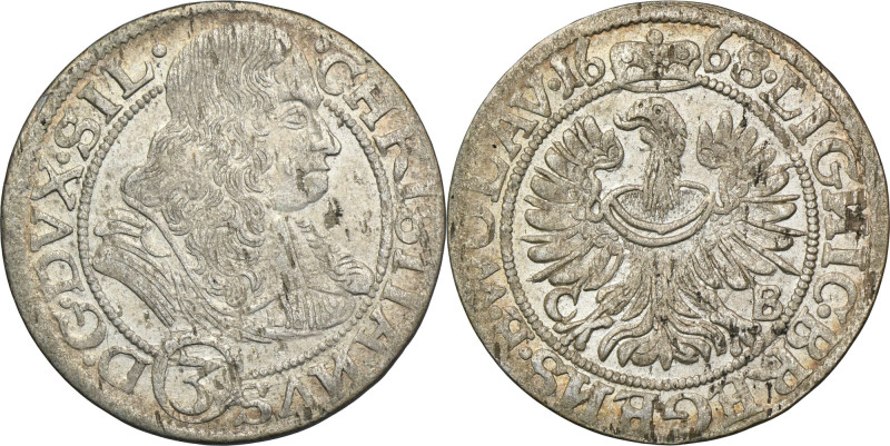 Silesia, Duchy of Liegnitz-Brieg-Wohlau, Christian, 3 Kreuzer Brieg 1668 CB Rare...