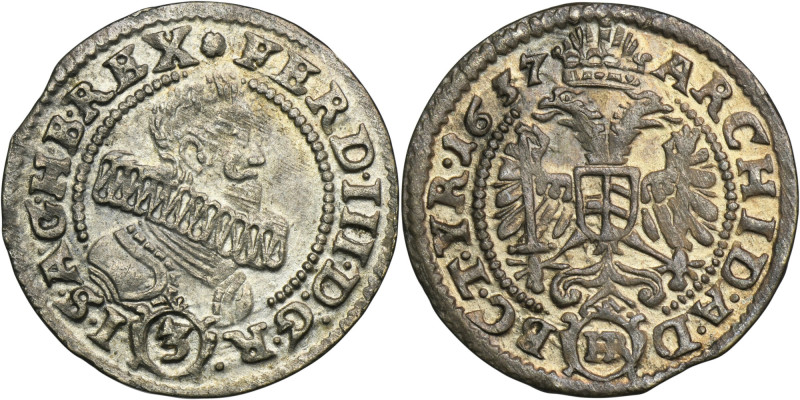 Silesia, Habsburg rule, Ferdinand III, 3 Kreuzer Glatz 1637 HR Variety with Aust...