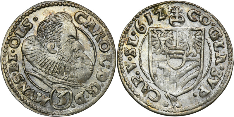 Silesia, Duchy of Münsterberg-Oels, Karl II, 3 Kreuzer Oels 1612 Variety with bu...