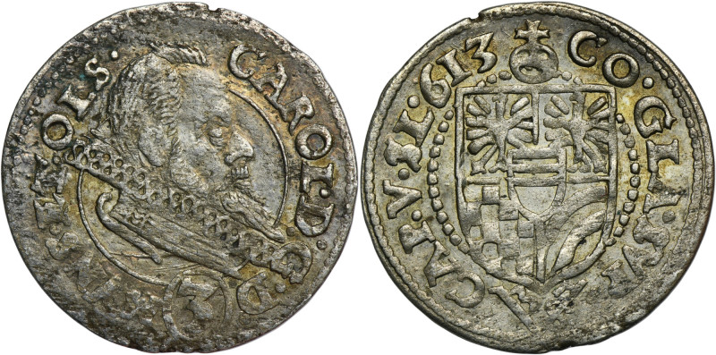 Silesia, Duchy of Münsterberg-Oels, Karl II, 3 Kreuzer Oels 1613 Variety with th...