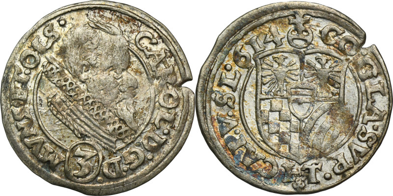 Silesia, Duchy of Münsterberg-Oels, Karl II, 3 Kreuzer Oels 1614 Variety with th...