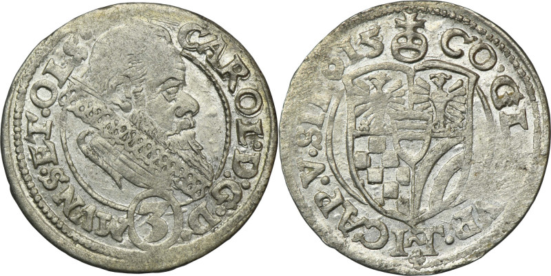 Silesia, Duchy of Münsterberg-Oels, Karl II, 3 Kreuzer Oels 1615 Variety&nbsp;wi...