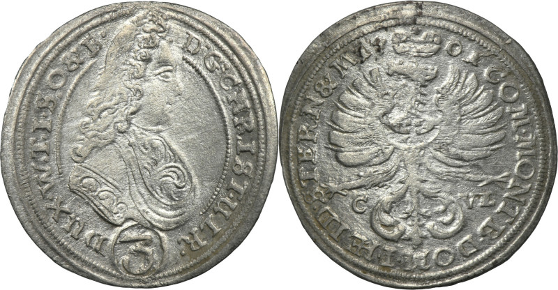 Silesia, Duchy of Oels, Christian Ulrik, 3 Kreuzer Oels 1701 CLV - RARE Rare var...