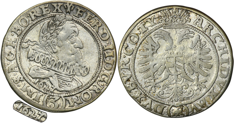 Silesia, Habsburg rule, Ferdinand II, 3 Kreuzer Breslau 1627 HR - RARE, date und...