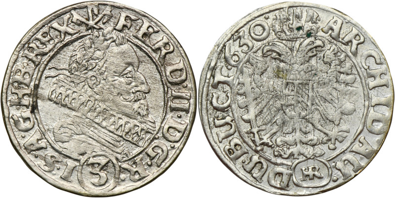 Silesia, Habsburg rule, Ferdinand II, 3 Kreuzer Breslau 1630 HR Variety with thr...