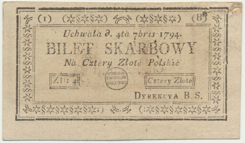 4 złote 1794 (1)(B) &nbsp; Uszkodzona powierzchnia papieru w obrębie prawego gór...