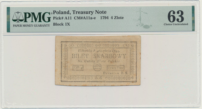 4 złote 1794 (1)(X) - PMG 63 &nbsp; Banknot w slabie PMG z oceną PMG 63. Egzempl...