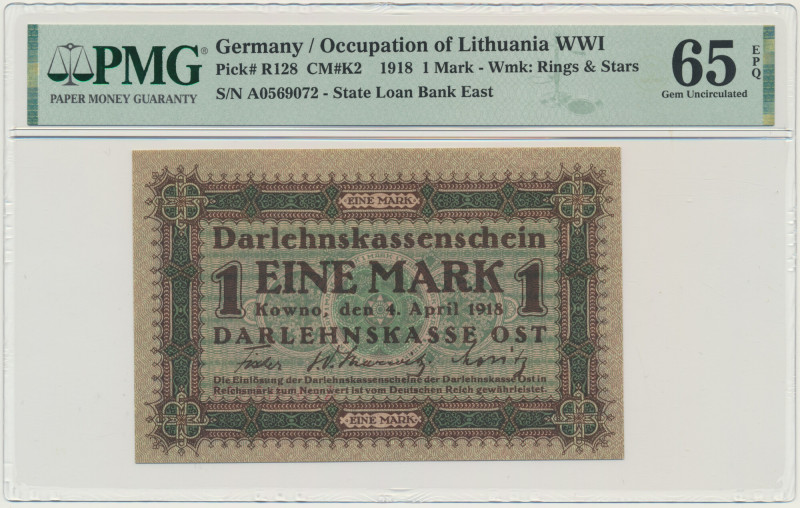 Kowno, 1 mark 1918 - A - PMG 65 EPQ &nbsp; Pierwsza seria A.&nbsp; Banknot w sla...