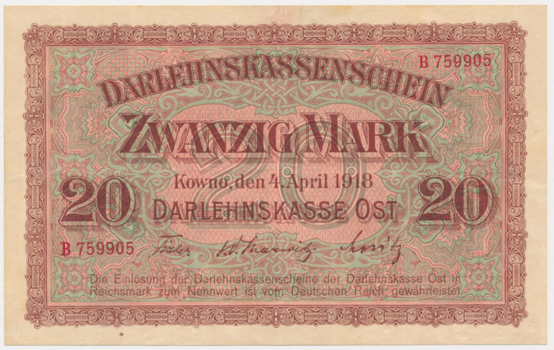 Kowno, 20 Mark 1918 - B - &nbsp; Bardzo ładny banknot.&nbsp; Złamany na cztery, ...