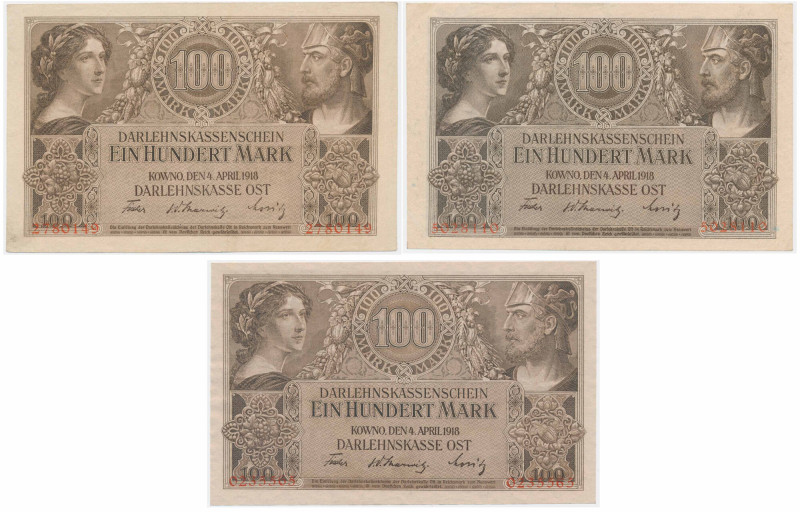 Kowno, lot 100 Mark 1918 (3 pcs.) - VARIOUS PRINTS Interesting set with various ...