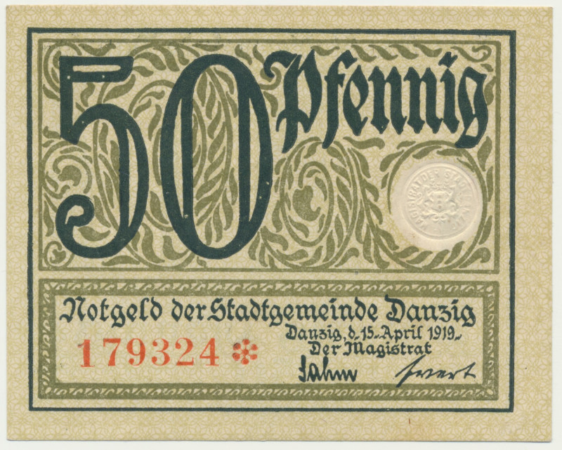 Danzig, 50 Pfennige 1919 - green - &nbsp; Rzadsza od fioletowej odmiana w zielon...