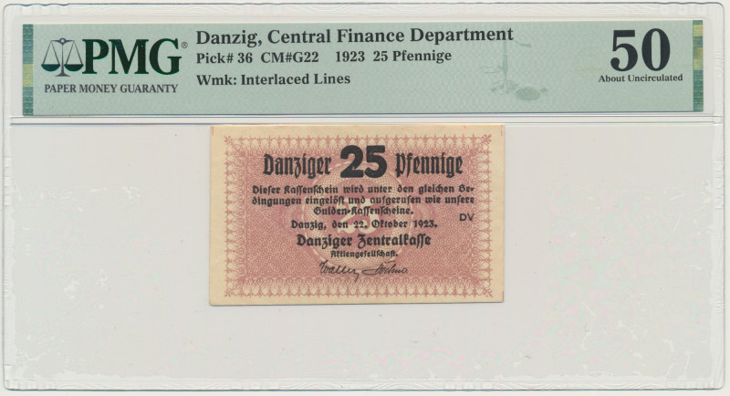 Danzig, 25 Pfennige 1923 - October - PMG 50 &nbsp; Rzadki nominał, w stanach ład...