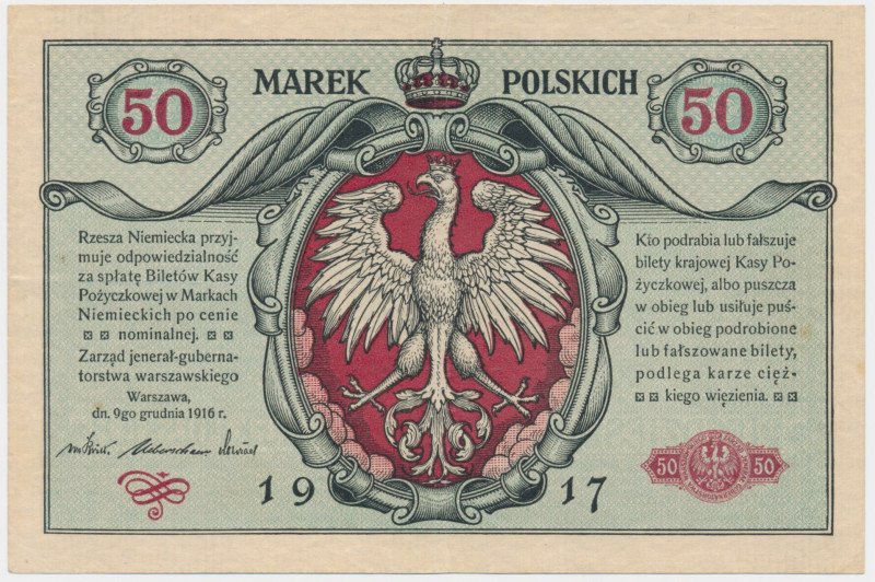 50 marek 1916 - Jenerał - A - ŁADNY &nbsp; Banknot rzadki w ładnych stanach zach...