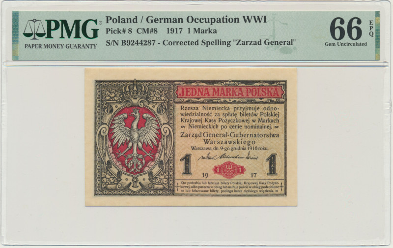 1 marka 1916 - Generał - PMG 66 EPQ &nbsp; Banknot w slabie PMG z oceną PMG 66 E...