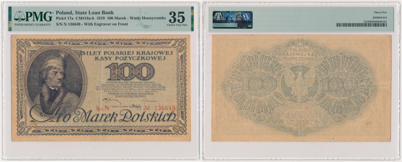 100 marek 1919 - Ser. N - PMG 35 &nbsp; Typologicznie rzadki banknot w nieobiego...