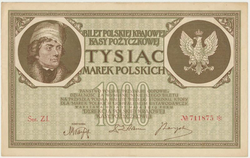 1.000 marek 1919 - Ser.ZI - &nbsp; Wariant z dużą literą S i wąską numeracją. Ug...