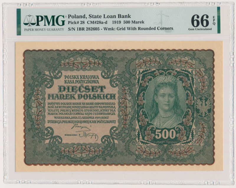 500 marek 1919 - I Serja BR - PMG 66 EPQ &nbsp; Odmiana z numeratorem typu '7' w...