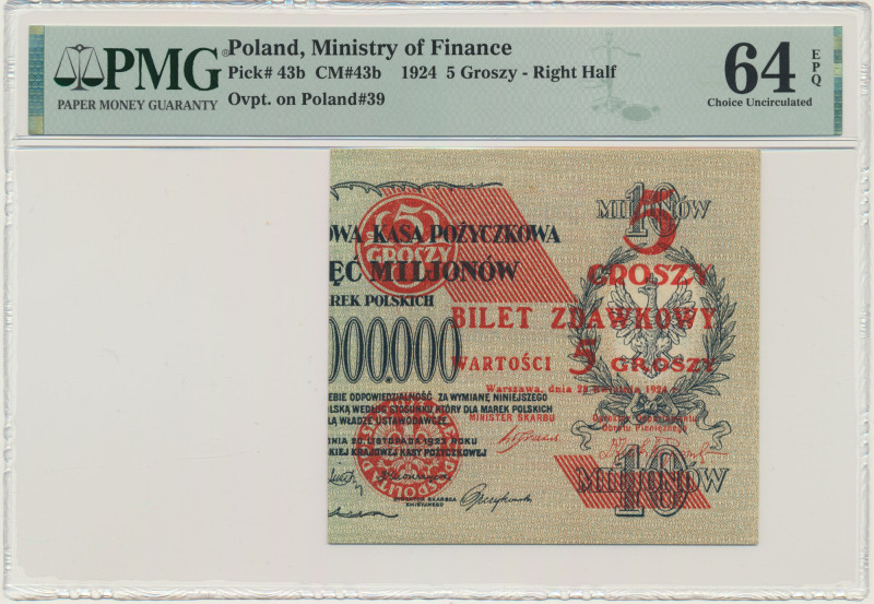 5 groszy 1924 - prawa połowa - PMG 64 EPQ &nbsp; Banknot w slabie PMG z oceną PM...