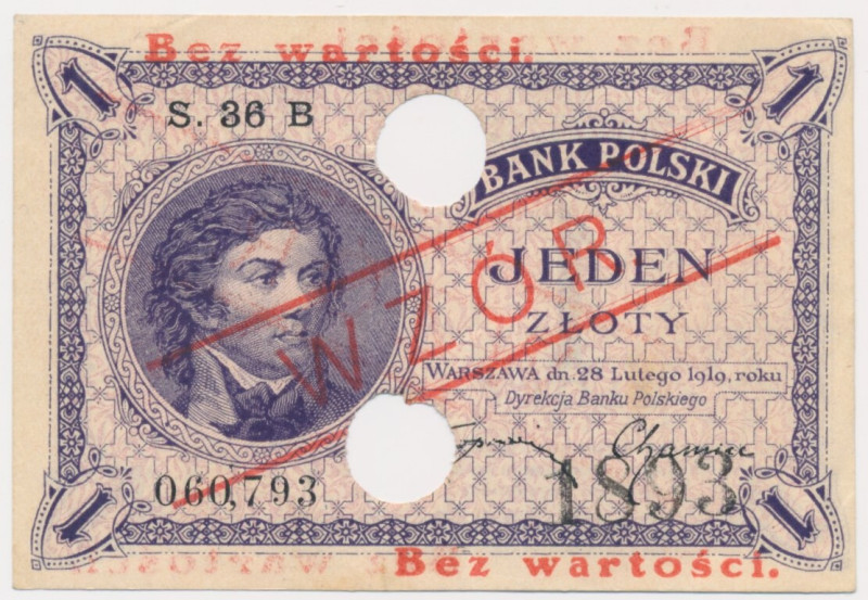 1 złoty 1919 - S.36 B - WZÓR - No. 1893 - &nbsp; Odmiana wzoru z pionową perfora...