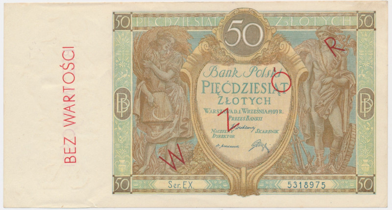 50 złotych 1929 - nieoryginalny nadruk Wzór - &nbsp; Banknot z wtórnym, późniejs...