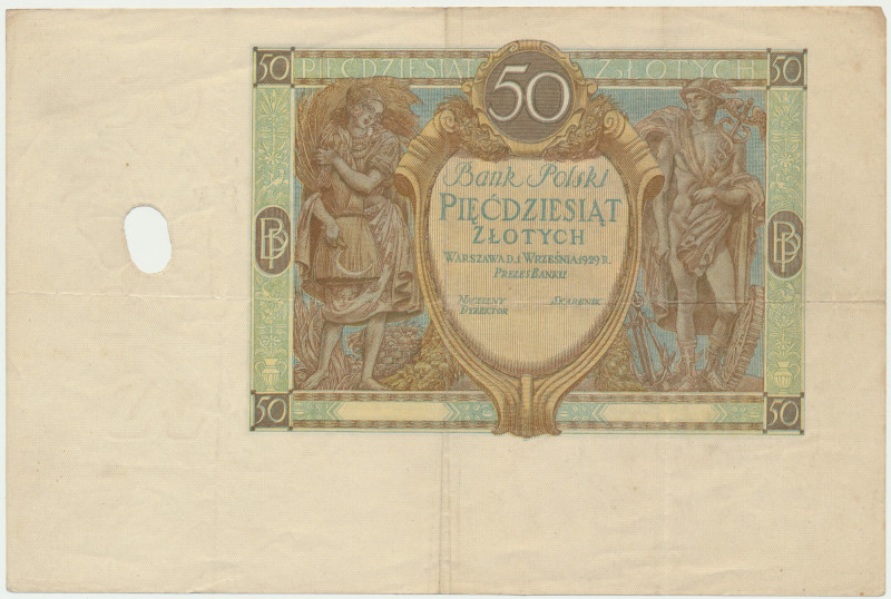 50 złotych 1929 - destrukt bez oznaczenia serii - &nbsp; Banknot bez oznaczenia ...