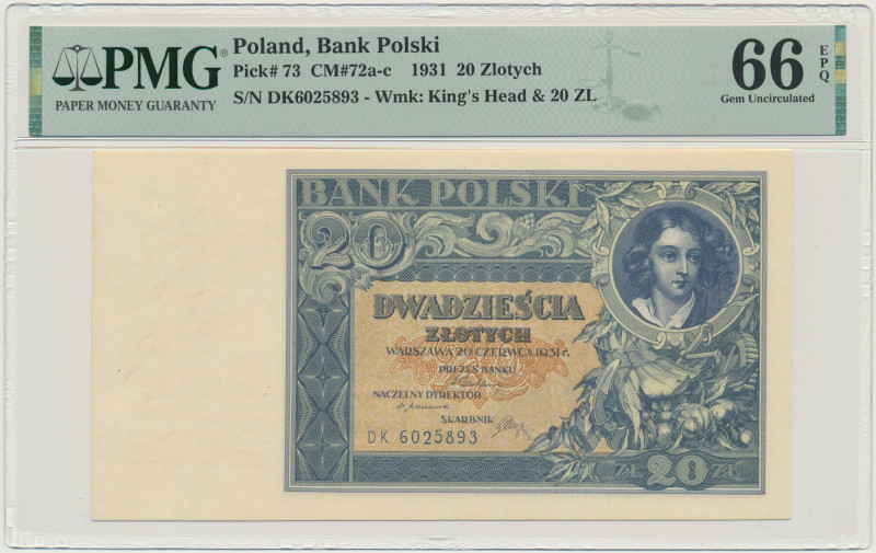 20 złotych 1931 - DK. - PMG 66 EPQ &nbsp; Odmiana z numeratorem o wysokości 3 mm...