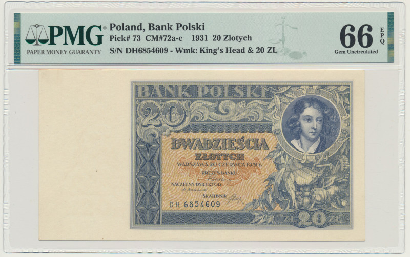 20 złotych 1931 - DH. - PMG 66 EPQ &nbsp; Odmiana z numeratorem wysokim na 3 mm....