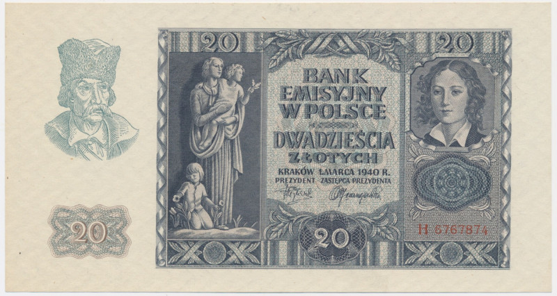 20 złotych 1940 - H - &nbsp; Rzadziej notowana seria. Albumowa prezencja.&nbsp; ...