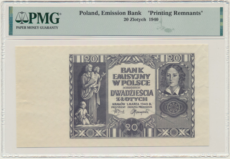 20 złotych 1940 - PMG - nieukończony druk &nbsp; Nieukończony egzemplarz. Awers ...