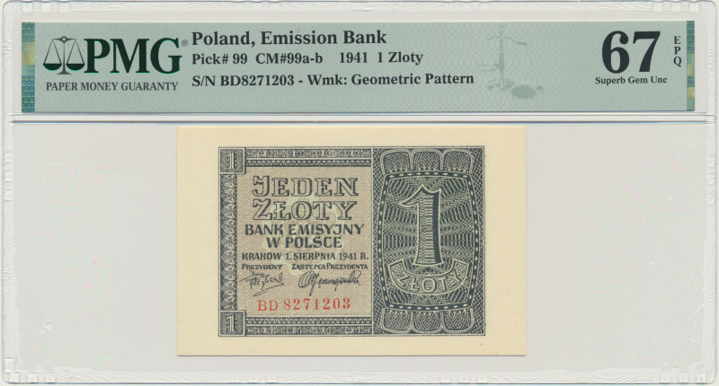 1 złoty 1941 - BD - PMG 67 EPQ &nbsp; Pięknie zachowany banknot z drugą najwyższ...