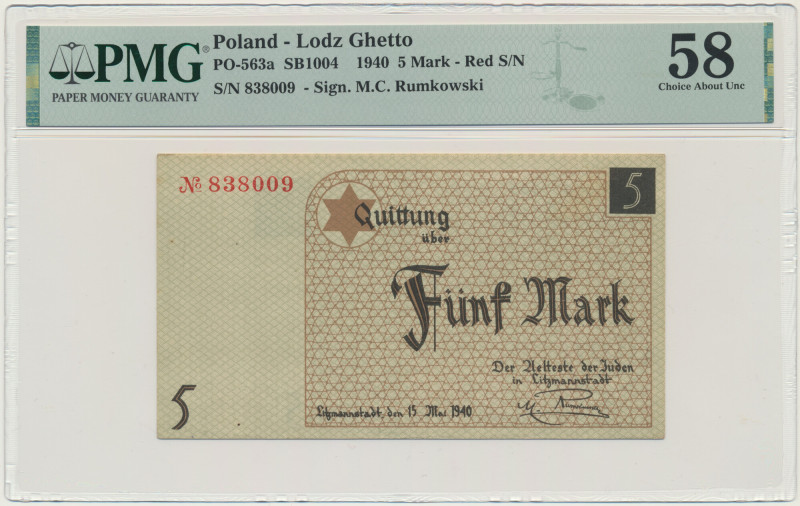 5 Mark 1940 - PMG 58 &nbsp; Numerator koloru czerwonego, papier standardowy.&nbs...