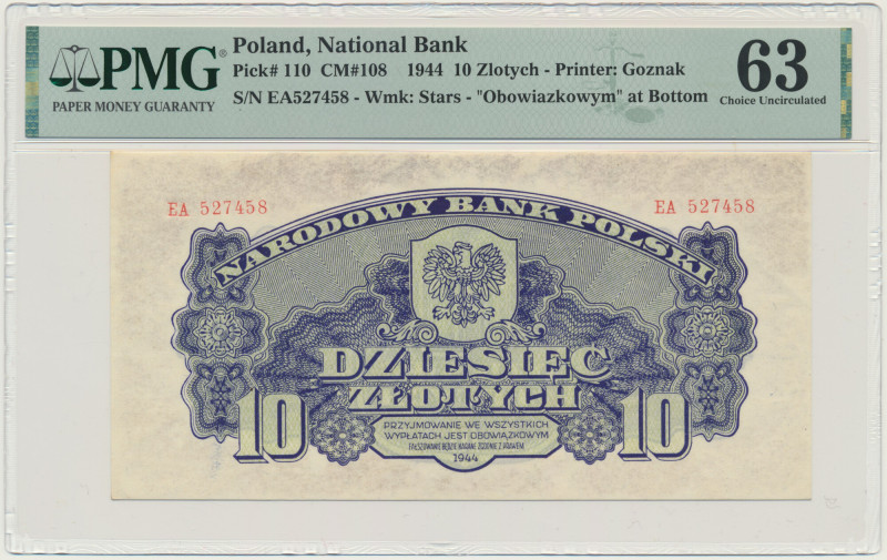 10 złotych 1944 ...owym - EA - PMG 63 - RZADKI &nbsp; Banknot rzadki w emisyjnym...